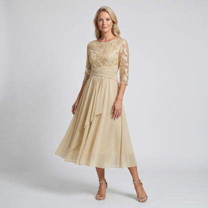 Floral lace chiffon tiered midi dress for women | Marisela