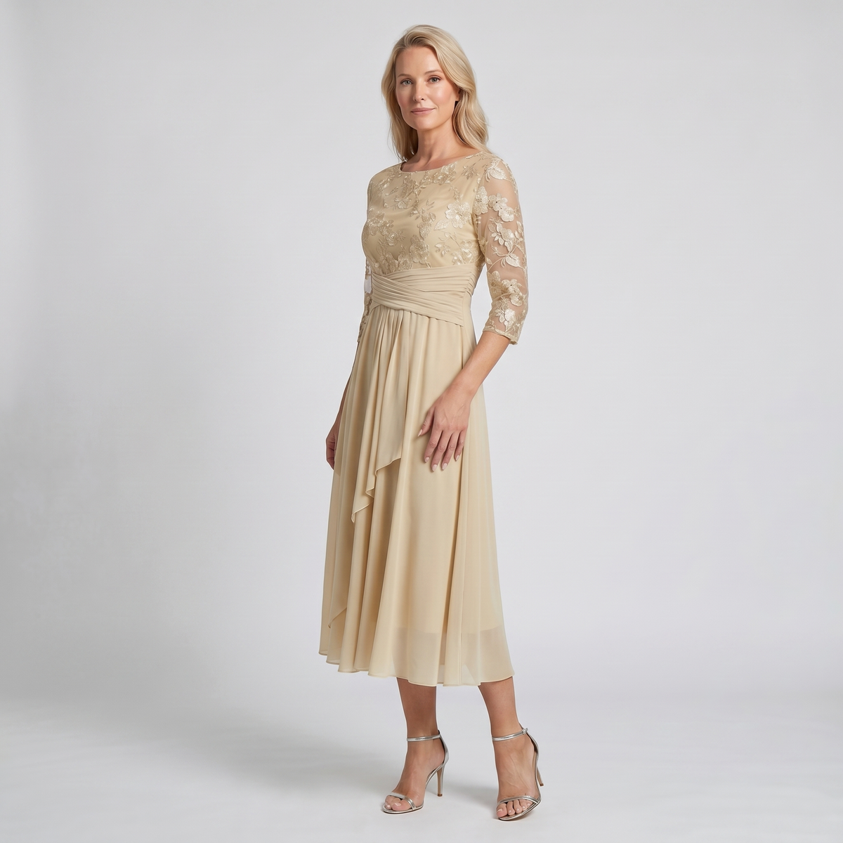 Floral lace chiffon tiered midi dress for women | Marisela
