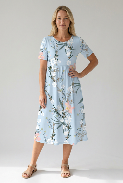 Floral printed A-line round neck midi dress for women | Marisela
