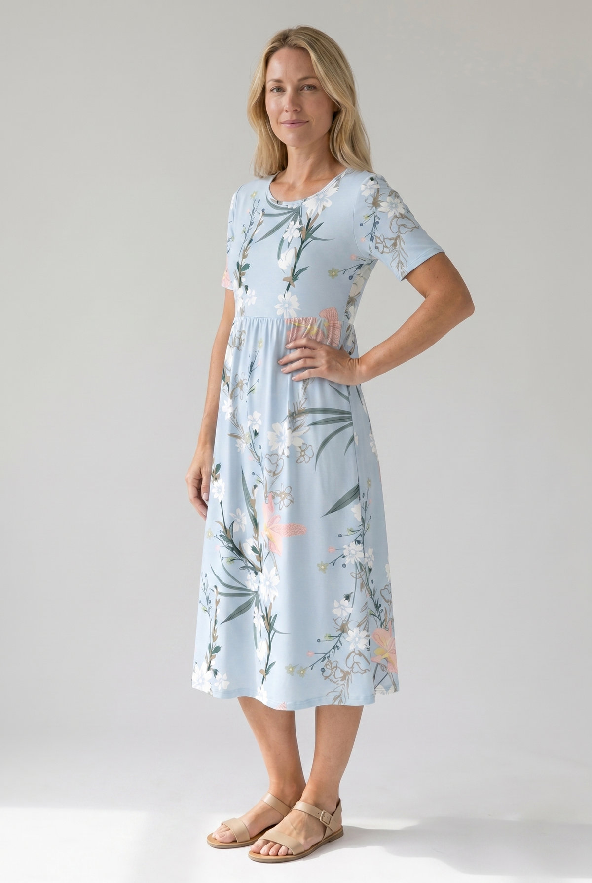 Floral printed A-line round neck midi dress for women | Marisela