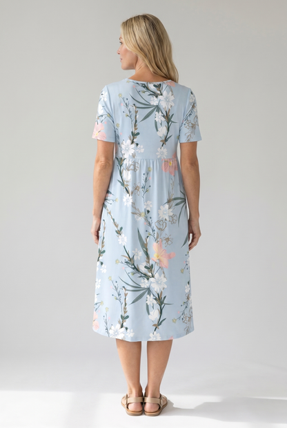 Floral printed A-line round neck midi dress for women | Marisela