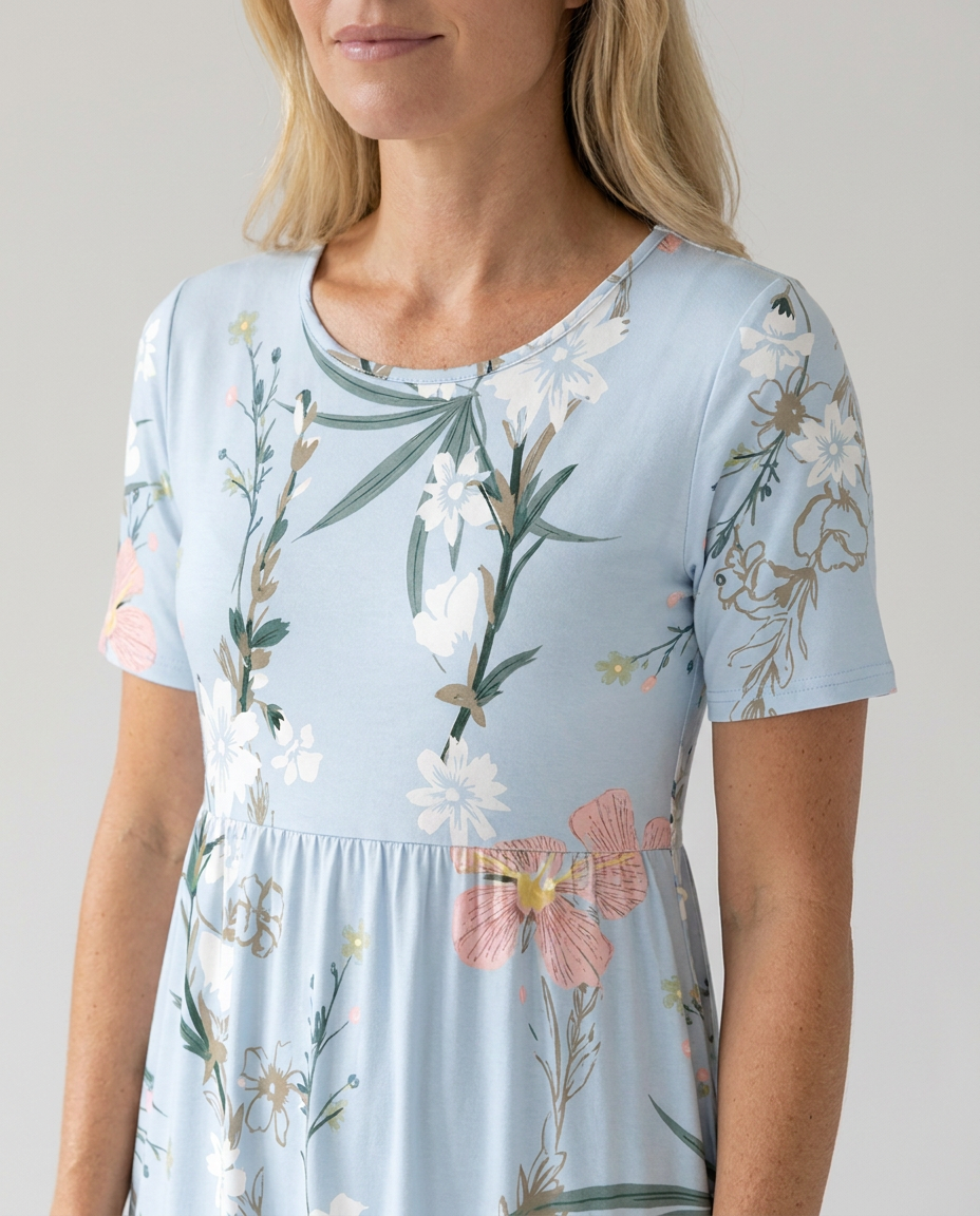 Floral printed A-line round neck midi dress for women | Marisela