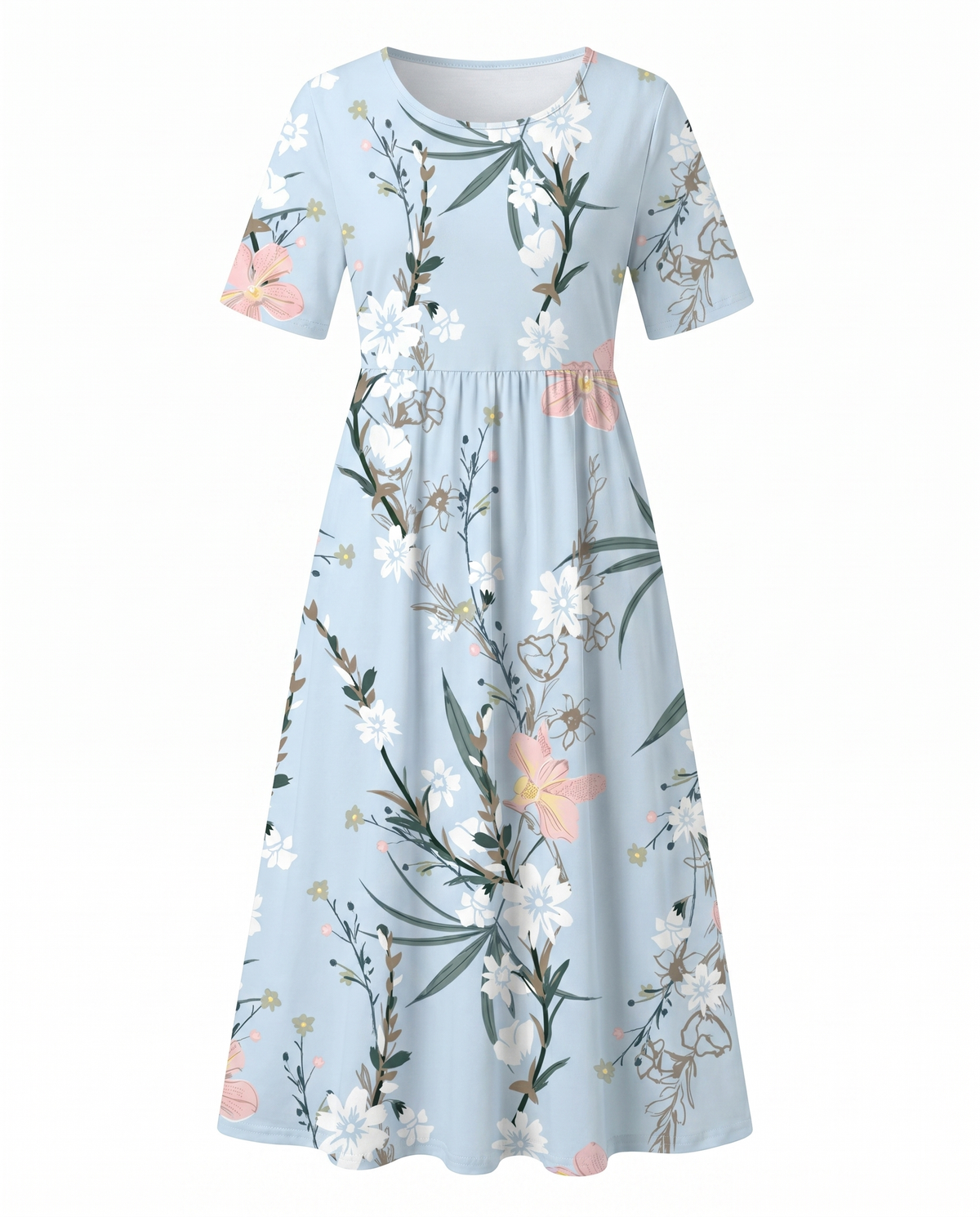 Floral printed A-line round neck midi dress for women | Marisela