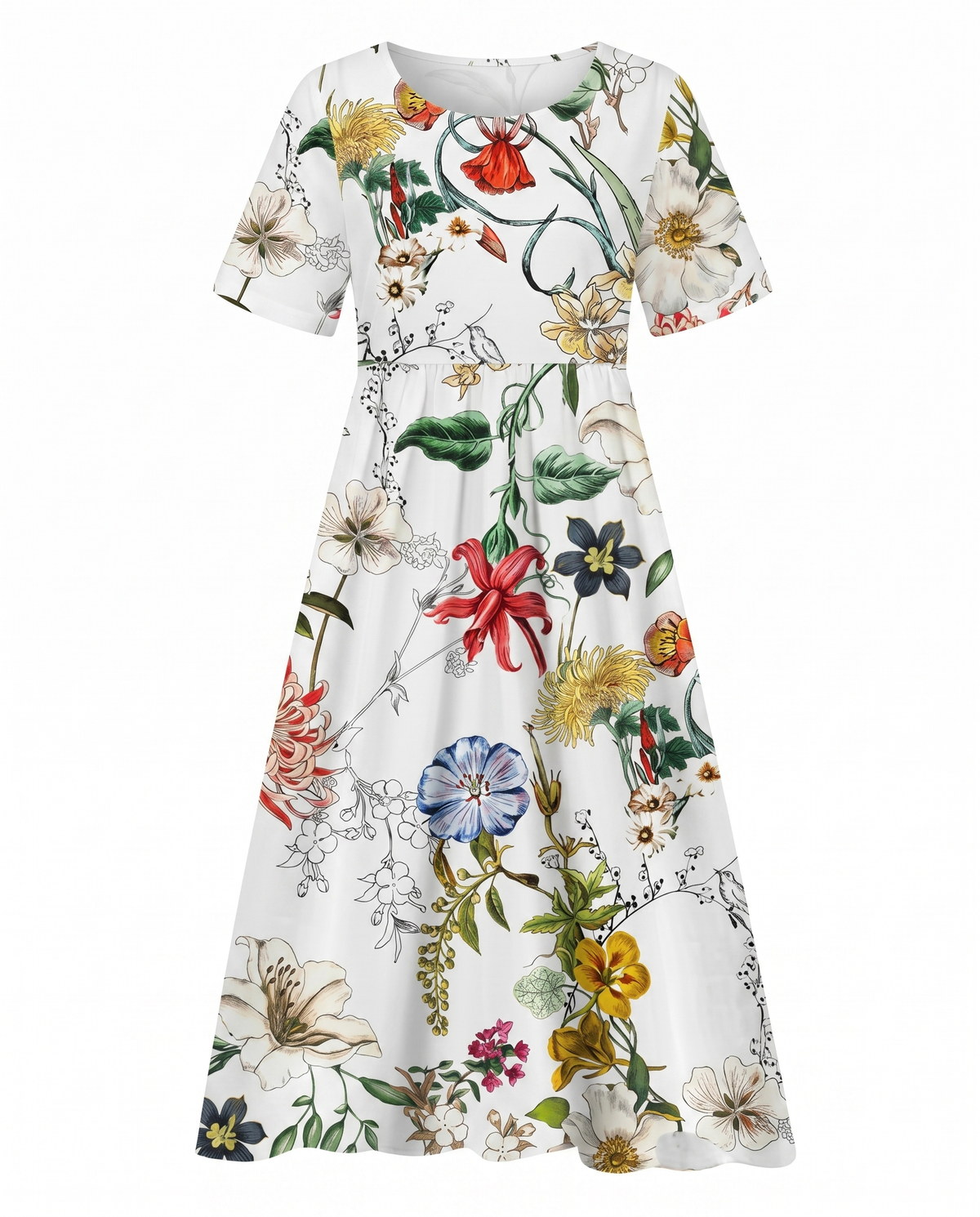Floral printed A-line round neck midi dress for women | Marisela