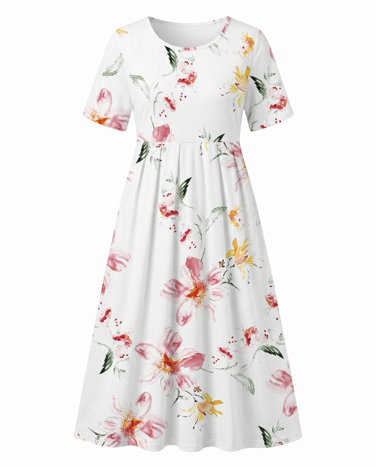 Floral printed A-line round neck midi dress for women | Marisela