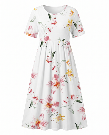 Floral printed A-line round neck midi dress for women | Marisela