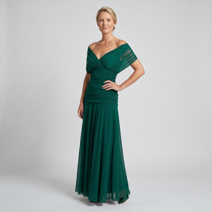 Off-shoulder twist-front pleated chiffon maxi dress for women | Marisela
