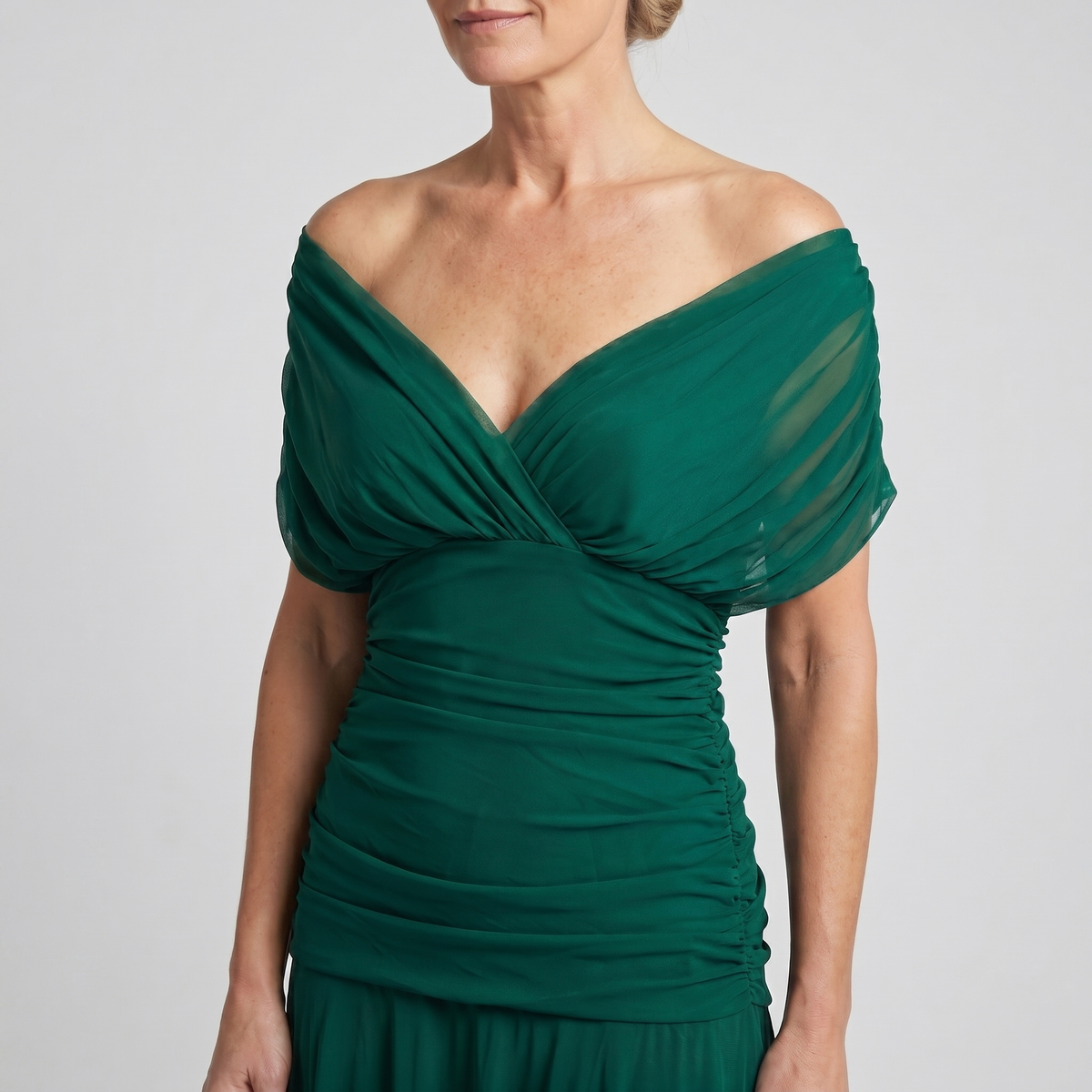 Off-shoulder twist-front pleated chiffon maxi dress for women | Marisela