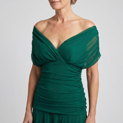 Off-shoulder twist-front pleated chiffon maxi dress for women | Marisela