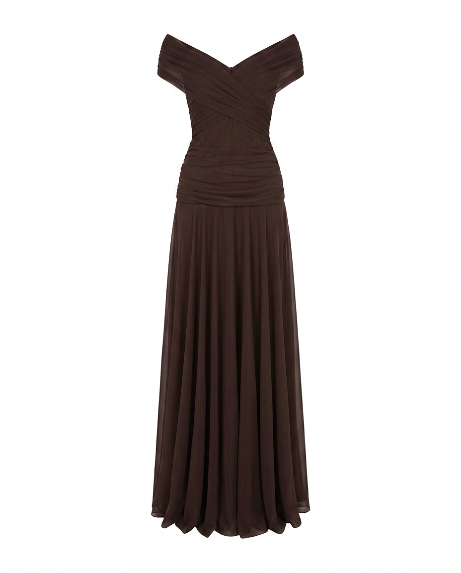 Off-shoulder twist-front pleated chiffon maxi dress for women | Marisela