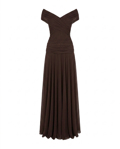 Off-shoulder twist-front pleated chiffon maxi dress for women | Marisela