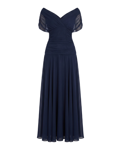 Off-shoulder twist-front pleated chiffon maxi dress for women | Marisela