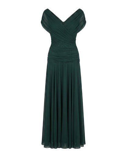 Off-shoulder twist-front pleated chiffon maxi dress for women | Marisela