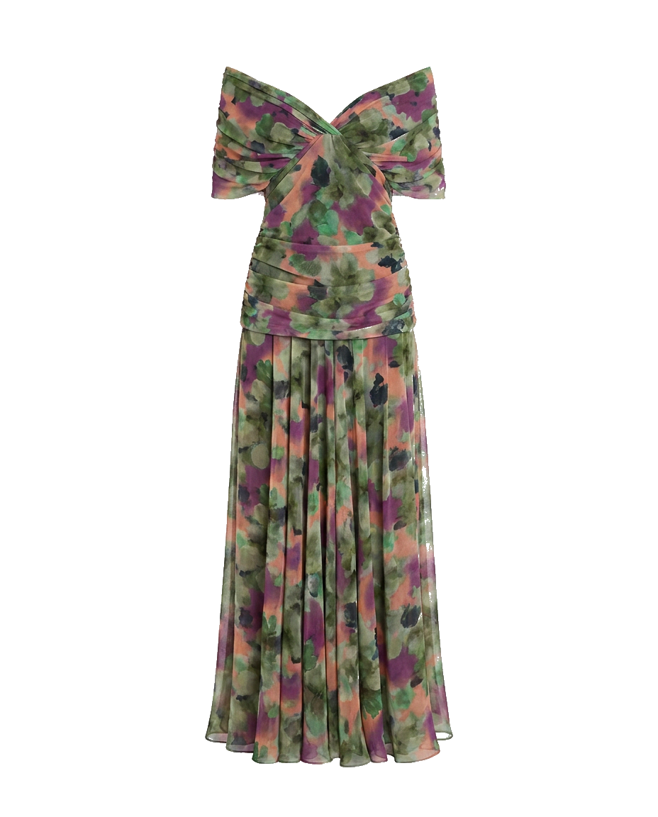 Off-shoulder twist-front pleated chiffon maxi dress for women | Marisela