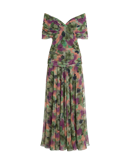 Off-shoulder twist-front pleated chiffon maxi dress for women | Marisela