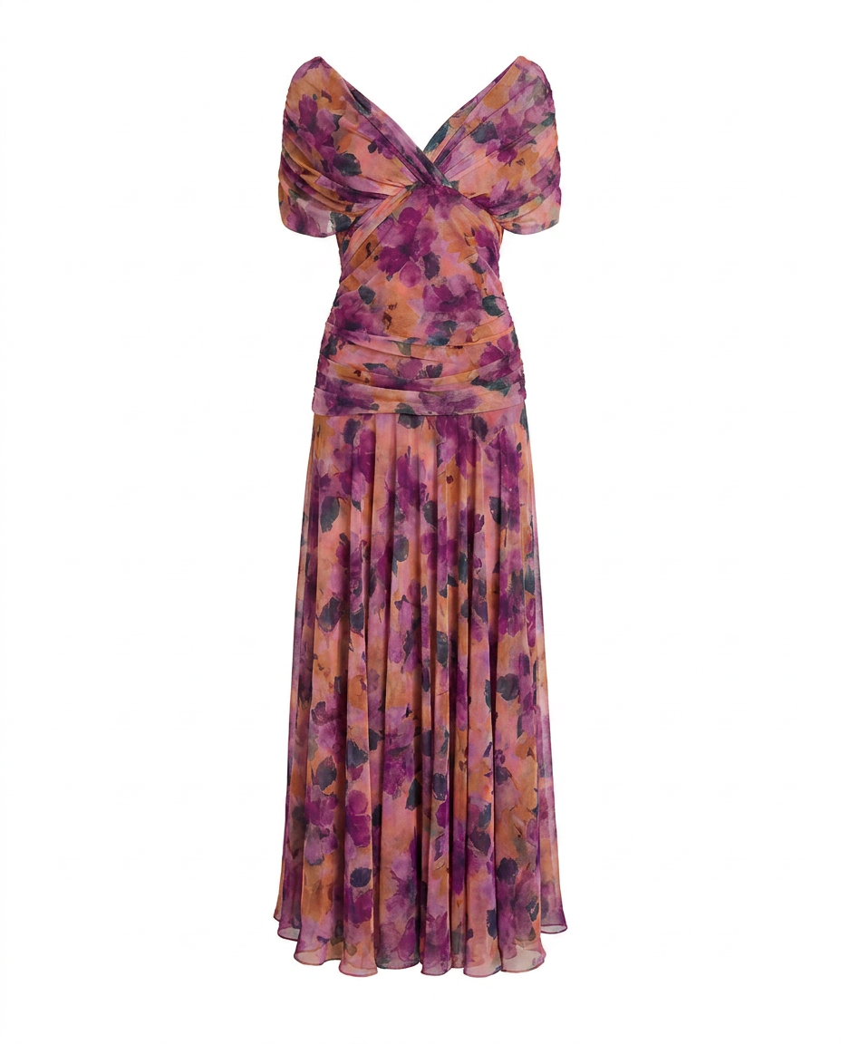 Off-shoulder twist-front pleated chiffon maxi dress for women | Marisela