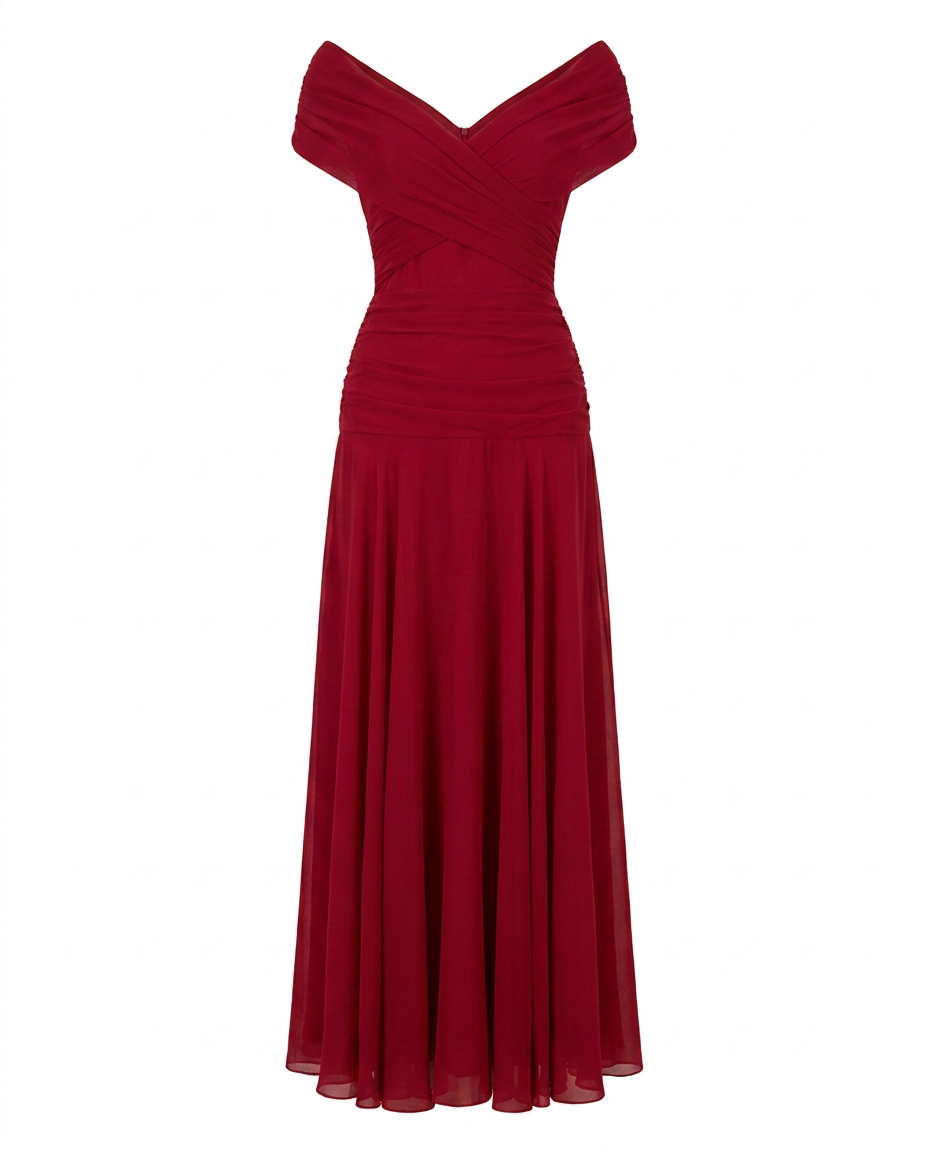 Off-shoulder twist-front pleated chiffon maxi dress for women | Marisela