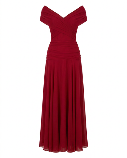 Off-shoulder twist-front pleated chiffon maxi dress for women | Marisela