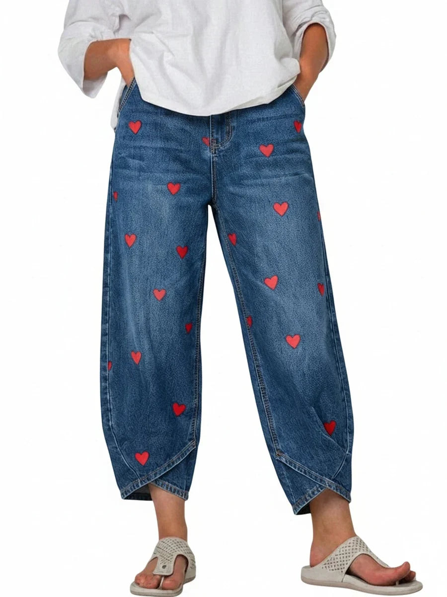 Roselle | Women's Heart Print Wide Leg Cropped Jeans