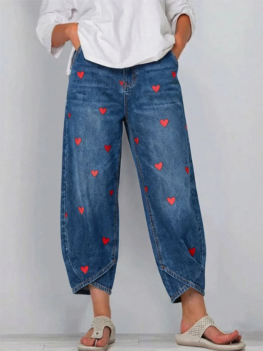 Roselle | Women's Heart Print Wide Leg Cropped Jeans