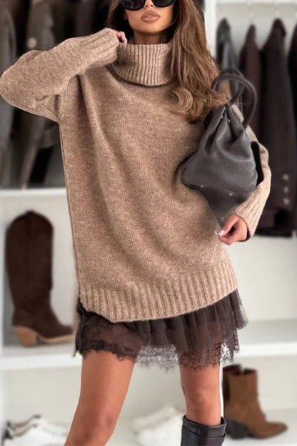 Thessaly | Women's Turtleneck Drop Shoulder Lace Hem Dress