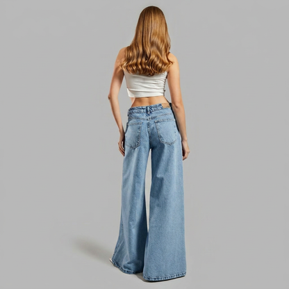 Nessaire | Women's High Waist Mesh Slit Pearl Wide Leg Jeans