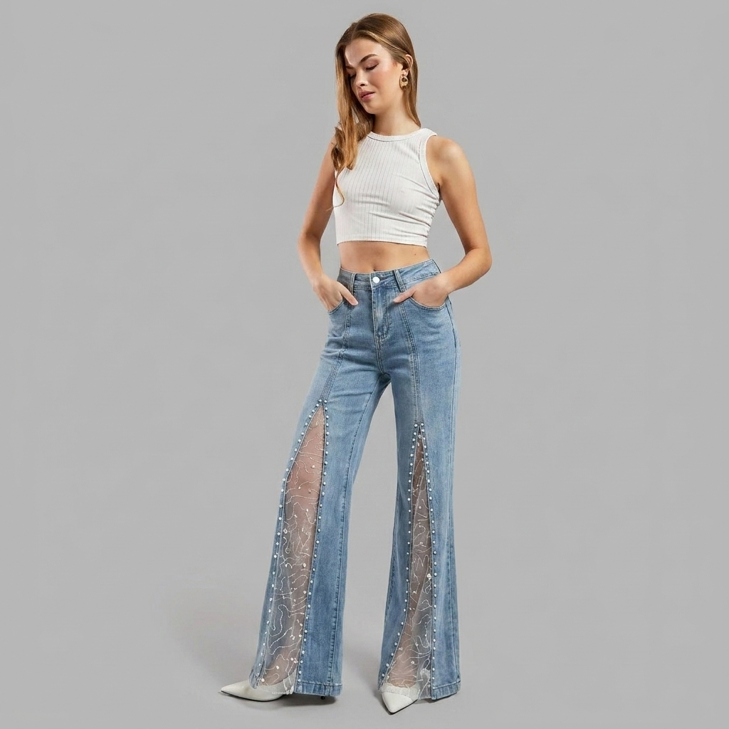 Nessaire | Women's High Waist Mesh Slit Pearl Wide Leg Jeans