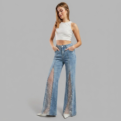 Nessaire | Women's High Waist Mesh Slit Pearl Wide Leg Jeans