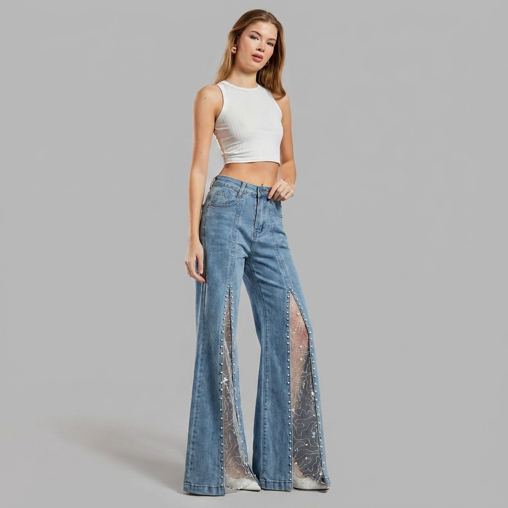 Nessaire | Women's High Waist Mesh Slit Pearl Wide Leg Jeans