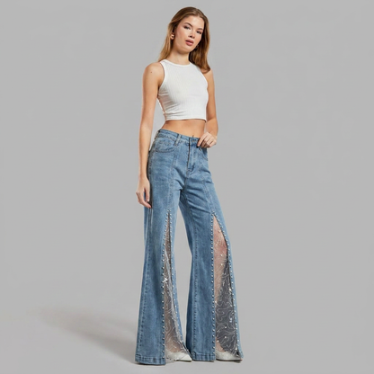 Nessaire | Women's High Waist Mesh Slit Pearl Wide Leg Jeans