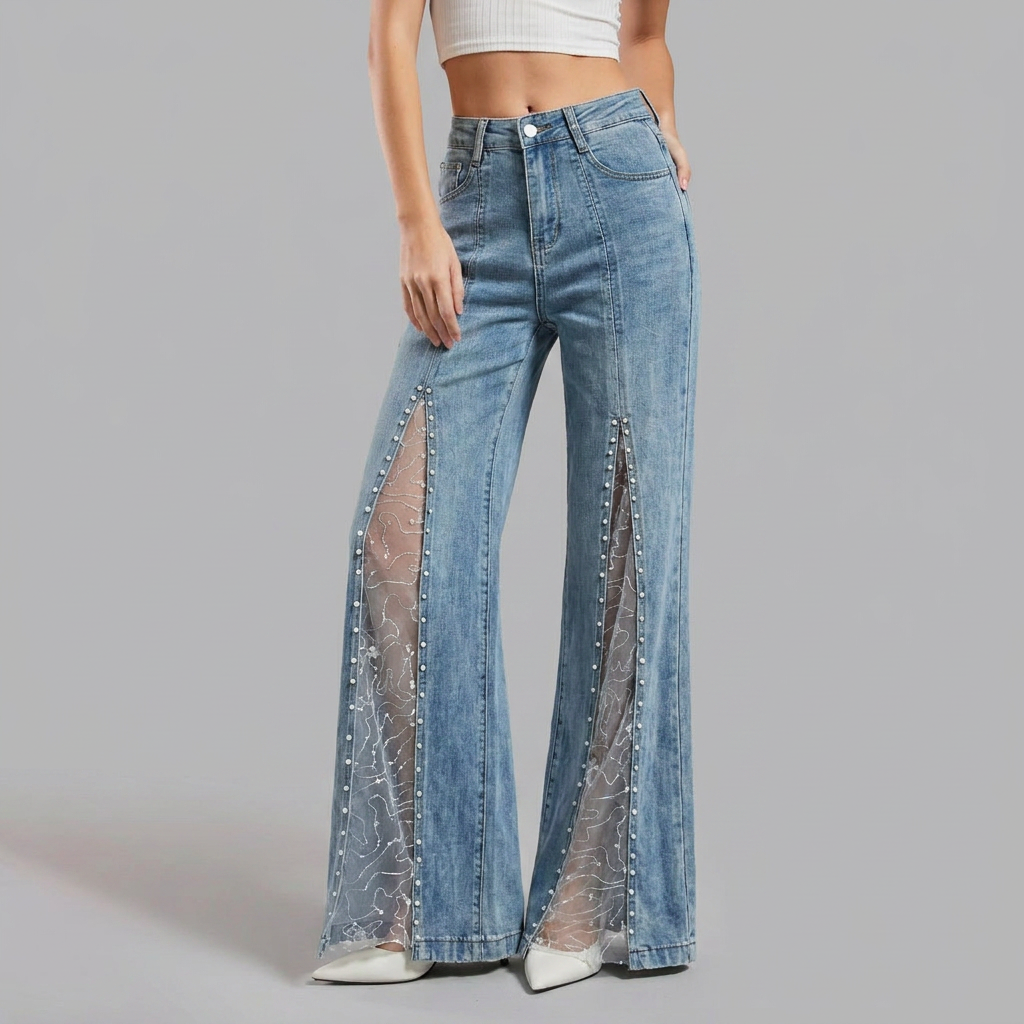 Nessaire | Women's High Waist Mesh Slit Pearl Wide Leg Jeans