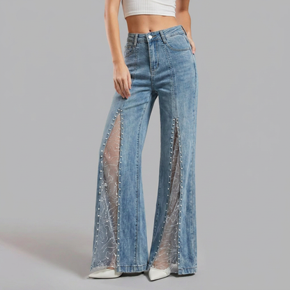 Nessaire | Women's High Waist Mesh Slit Pearl Wide Leg Jeans
