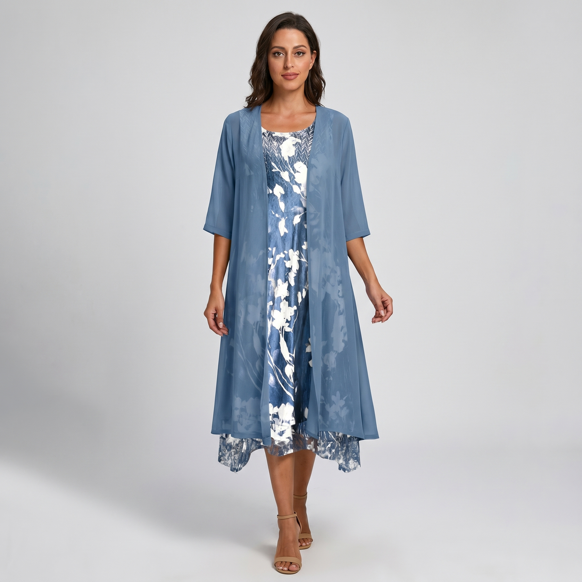 Floral slip midi dress with sheer open-front duster set for women | Marisela