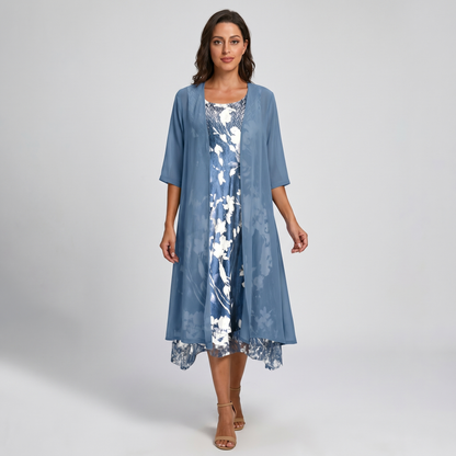 Floral slip midi dress with sheer open-front duster set for women | Marisela