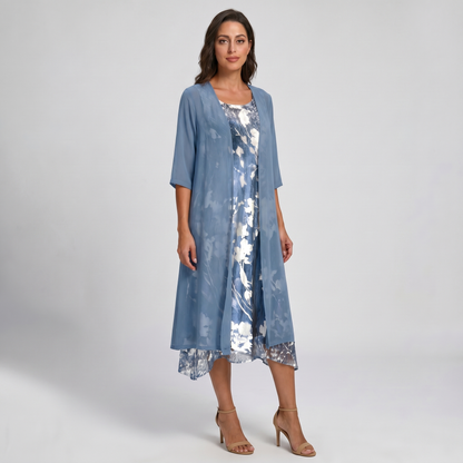 Floral slip midi dress with sheer open-front duster set for women | Marisela