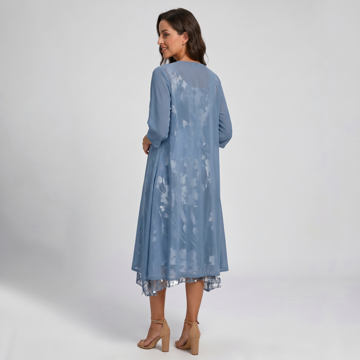 Floral slip midi dress with sheer open-front duster set for women | Marisela