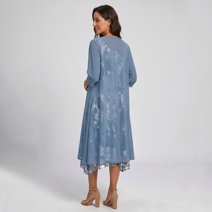 Floral slip midi dress with sheer open-front duster set for women | Marisela