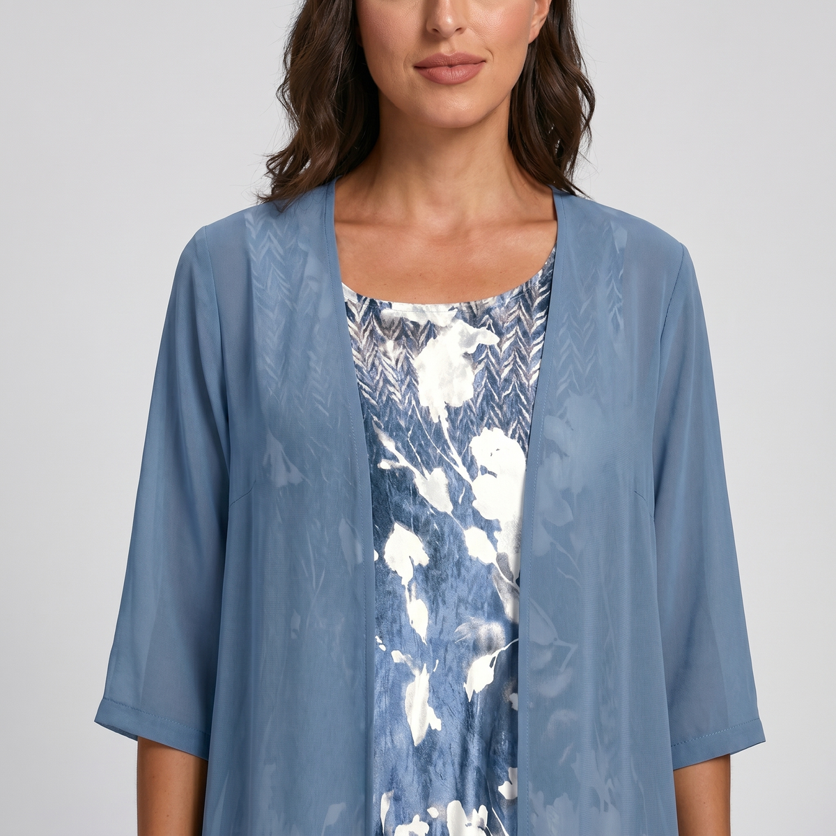 Floral slip midi dress with sheer open-front duster set for women | Marisela