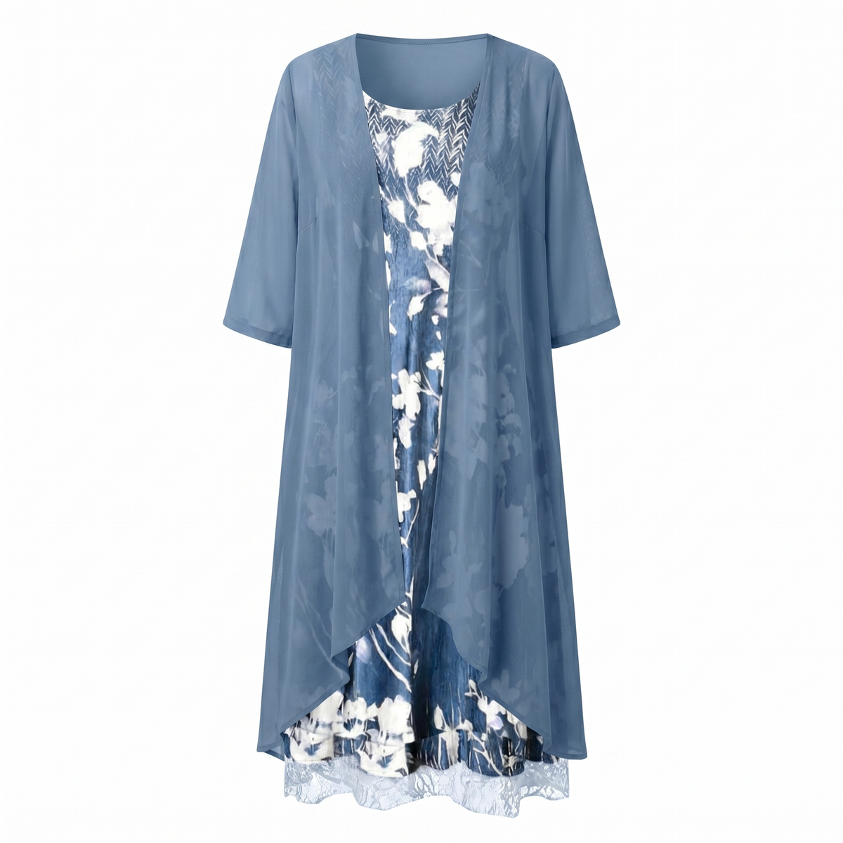 Floral slip midi dress with sheer open-front duster set for women | Marisela