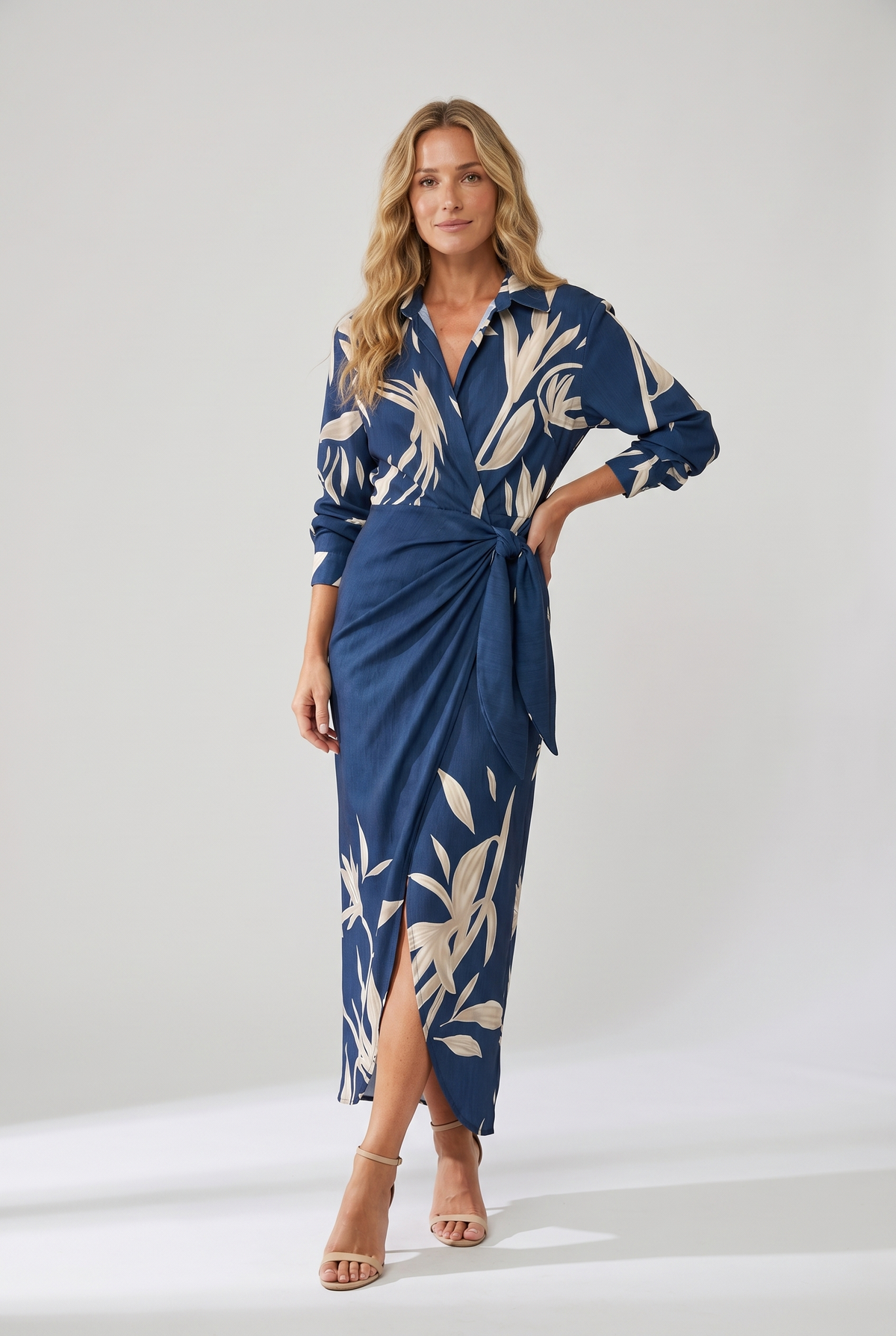 Leaf print wrap maxi collared V-neck twist-tie waist dress for women | Marisela