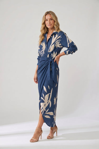Leaf print wrap maxi collared V-neck twist-tie waist dress for women | Marisela