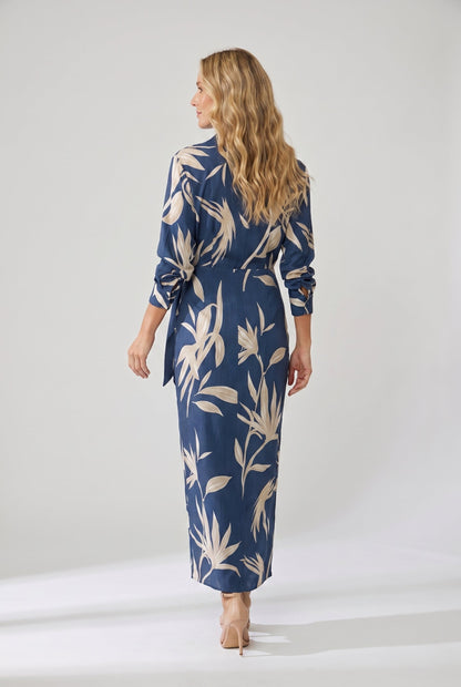 Leaf print wrap maxi collared V-neck twist-tie waist dress for women | Marisela