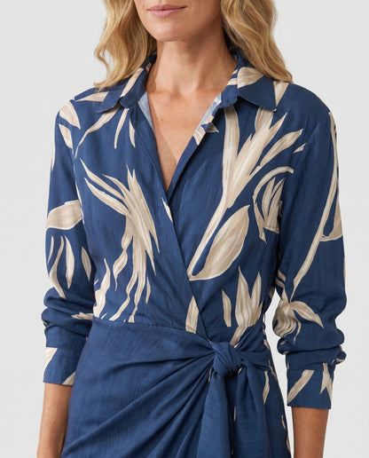 Leaf print wrap maxi collared V-neck twist-tie waist dress for women | Marisela