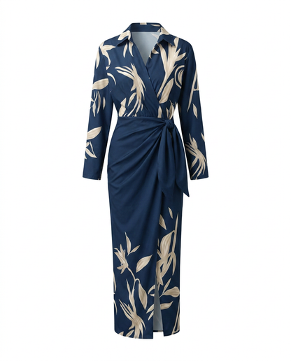 Leaf print wrap maxi collared V-neck twist-tie waist dress for women | Marisela
