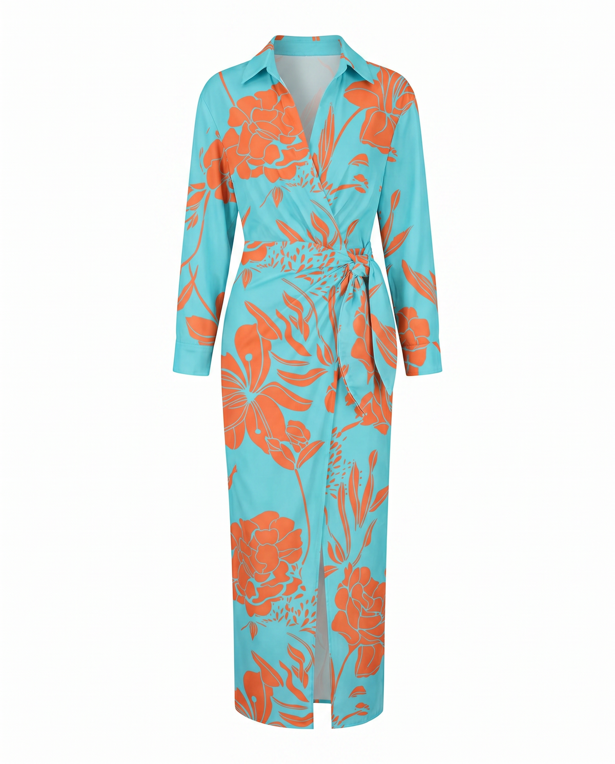 Leaf print wrap maxi collared V-neck twist-tie waist dress for women | Marisela
