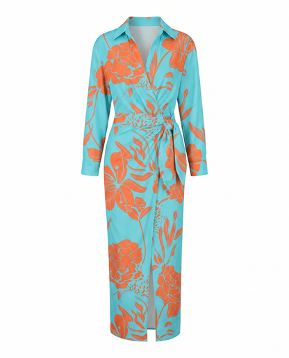 Leaf print wrap maxi collared V-neck twist-tie waist dress for women | Marisela