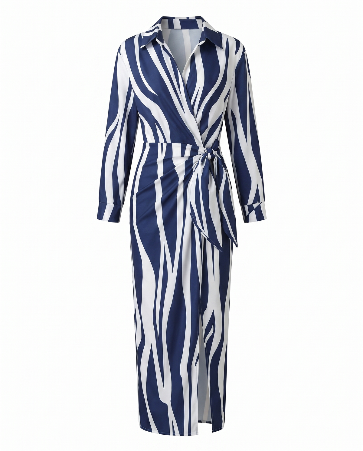 Leaf print wrap maxi collared V-neck twist-tie waist dress for women | Marisela