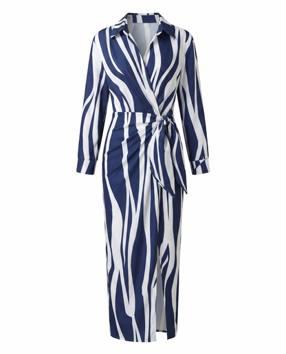 Leaf print wrap maxi collared V-neck twist-tie waist dress for women | Marisela