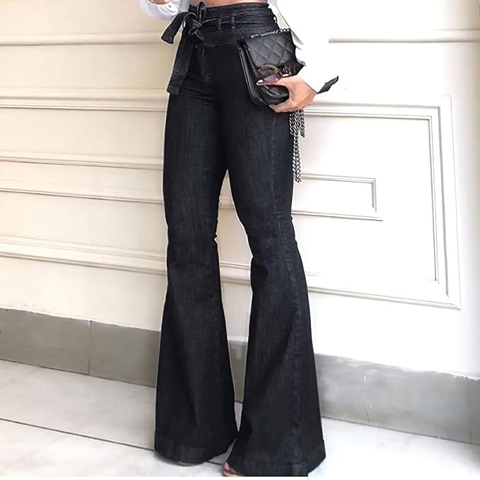 Tavelle | Women's High Waist Belted Flare Jeans