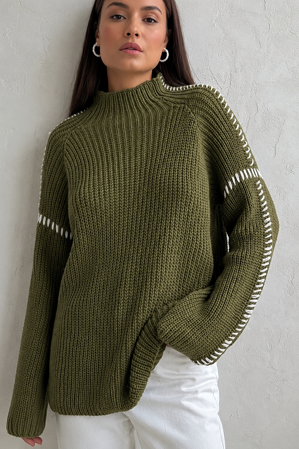 Wrenna | Women's Chunky Knit Mock Neck Whipstitch Sweater
